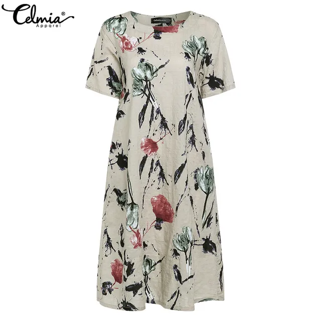 Celmia Bohemian Summer Dress 2021 Vintage Women Short Sleeve Floral Print Midi Sundress Loose Casual Party Beach Vestidos Robe 5