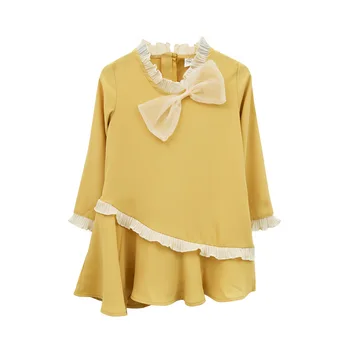 

Girl's O-neck Long Sleeve Bow Tie Decor Fashion A-line Yellow Dresses New Autumn Princess Dresses Flowers Side Knee Dresses