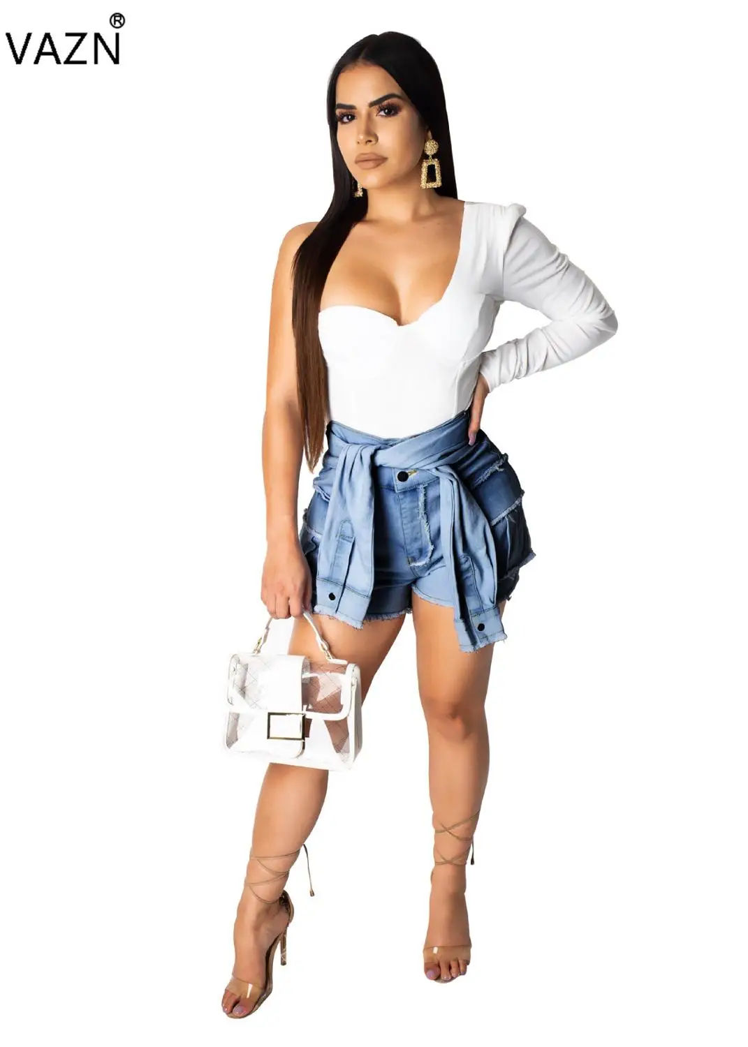VAZN OSM3268 New High Quality Lace Up Common Sexy Jean Young Popular Sexy Overalls Fashion Women Skinny Short Jeans Pants