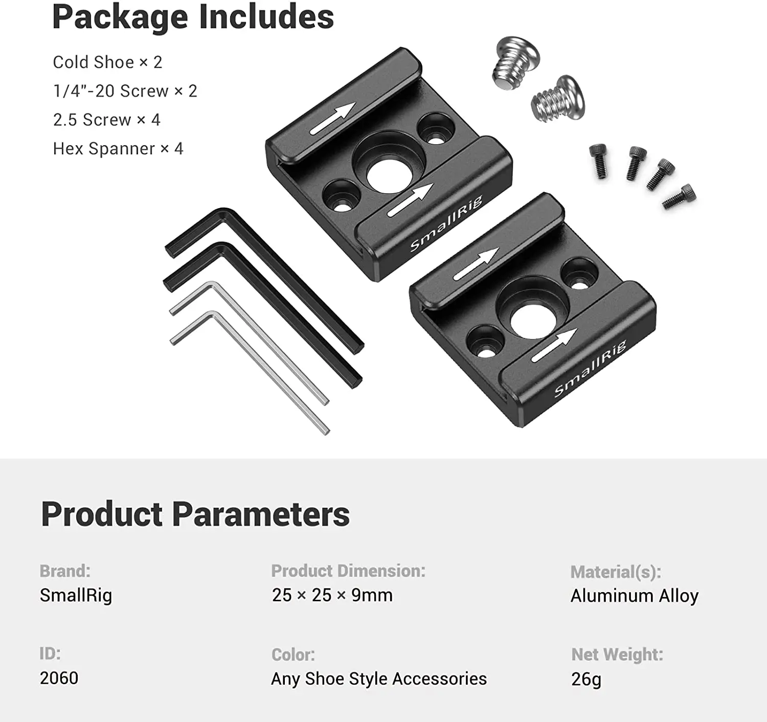 SmallRig Cold Shoe Mount Adapter With 1/4 Screws To Mount LED