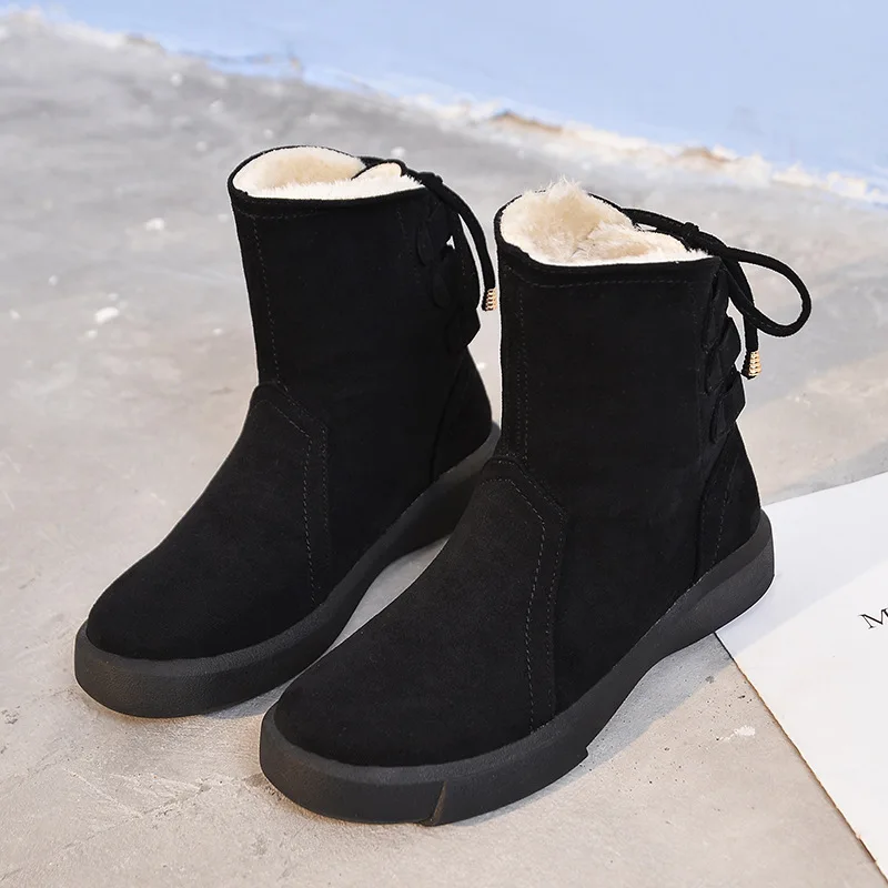 black winter Ковбойские ботинки на толстой резиновой подошве со шнуровкой; нескользящие зимние ботинки на меху; женские теплые утепленные плюшевые ботинки на плоской подошве; botines; Рабочая обувь из нубука - Цвет: black winter