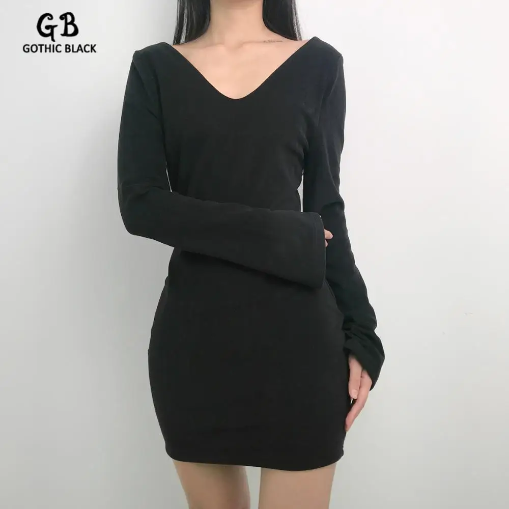 

Gothic Black Sexy Women V-Neck Splice Flare Long Sleeve Backless Solid Color Slim Mini Dress 2020 New Goth Female Dark Dresses