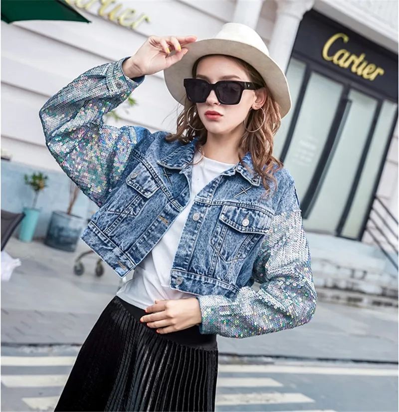 picture color Осень и зима блестками вышивка; забавные женские домашние тапочки в виде джинсовый жакет; короткая куртка на осень длинные рукава свободные cowbay джинсовая куртка - Цвет: picture color