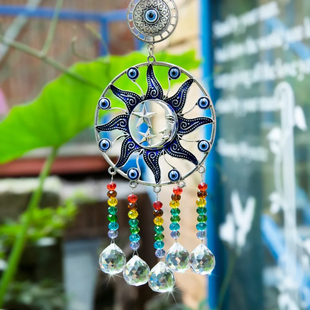 H& D чакра Хрустальная сосулька Призма Suncatcher турецкий синий сглаза Радуга настенный подвесной кулон для домашнего декора(Луна и звезда