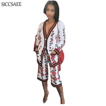 

Striped Flower Floral Print Two Piece Set Deep V Neck Cardigan Knee Length Pants Sweat Suit Sexy Casual Playsuits Vintage Outfit