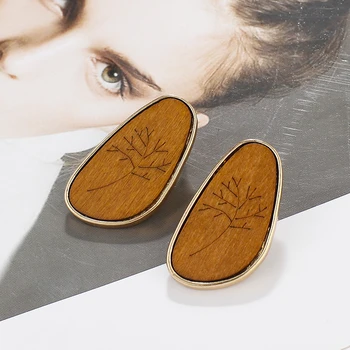 

AENSOA Popular Ethnic Retro Wild Wood Big Drop Earrings Simple Natural Wooden Tree Carving Gold Metal Dangle Earrings Jewelry