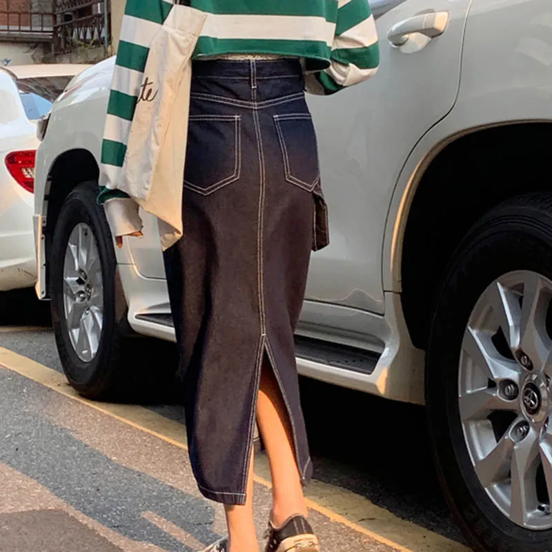 Раздельные длинные джинсовые юбки, женские элегантные джинсовые юбки с карманами, осенние корейские винтажные сексуальные макси юбки с запахом, большие размеры, повседневные V632