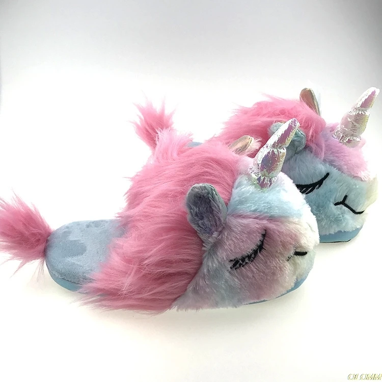 

2020 new cute colorful velvet unicorn plush shoes home indoor winter rainbow unicorn slippers Waterproof non-slip shoes