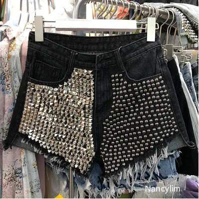 black grey Nancylim новые модные Асимметричные ковбойские шорты с заклепками женские летние широкие брюки с высокой талией женские шорты для отдыха - Цвет: black grey