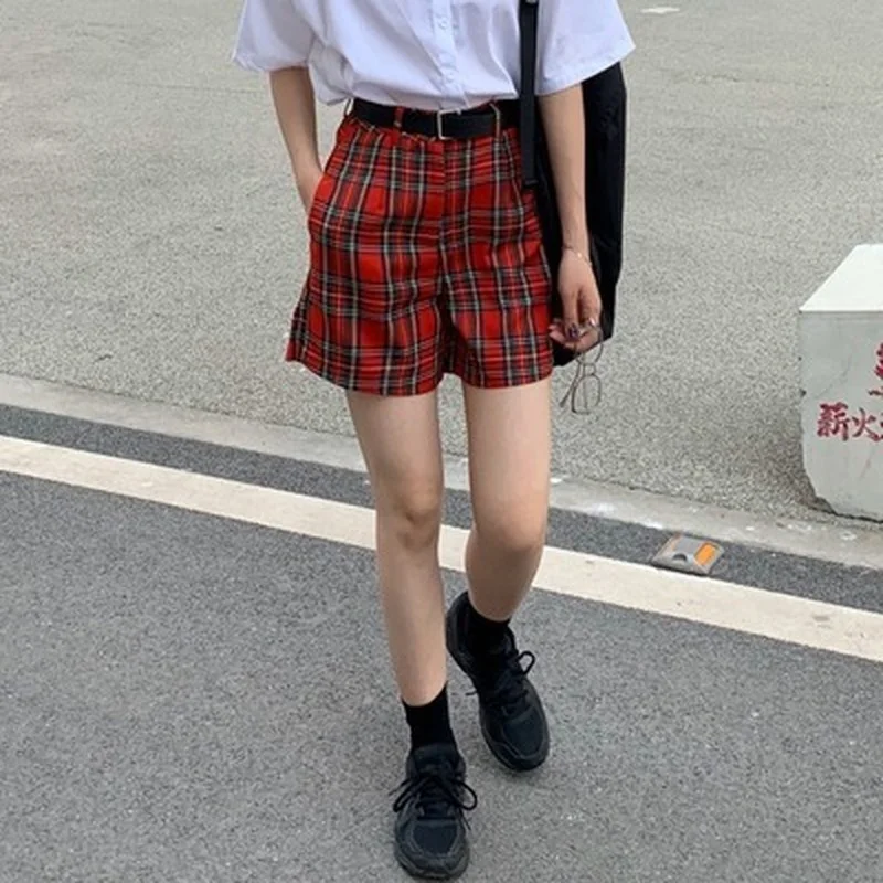 New Women Summer Red Plaid Shorts Sexy High Waist Overalls Female Casual Fashion All-Match Shorts Gothic Girls 2021 Streetwear keiki kona shorts