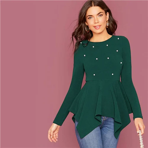 SHEIN Pearl Embellished Hanky Hem Peplum Top Women Spring Autumn Fitted Flared Round Neck Elegant Womens Tops and Blouses - Цвет: Зеленый