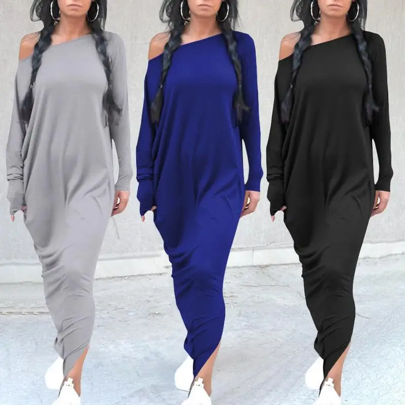 Fashion 5XL Women Maxi Dress Celmia Sexy Off Shoulder Long Dress Autumn Solid Long Sleeve Casual Split Hem Robe Plus Size Dress