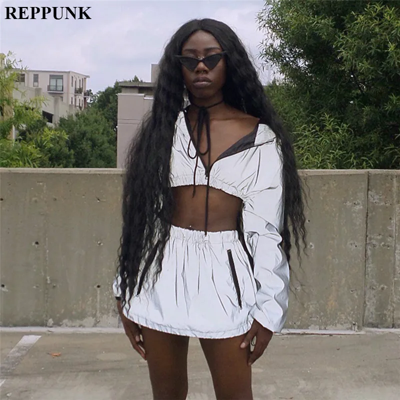 

REPPUNK Reflective Two Piece Set Zipper Hood Long Sleeve Crop Top+skirt Reflective Set Matching Sets Reflective Women Clothing