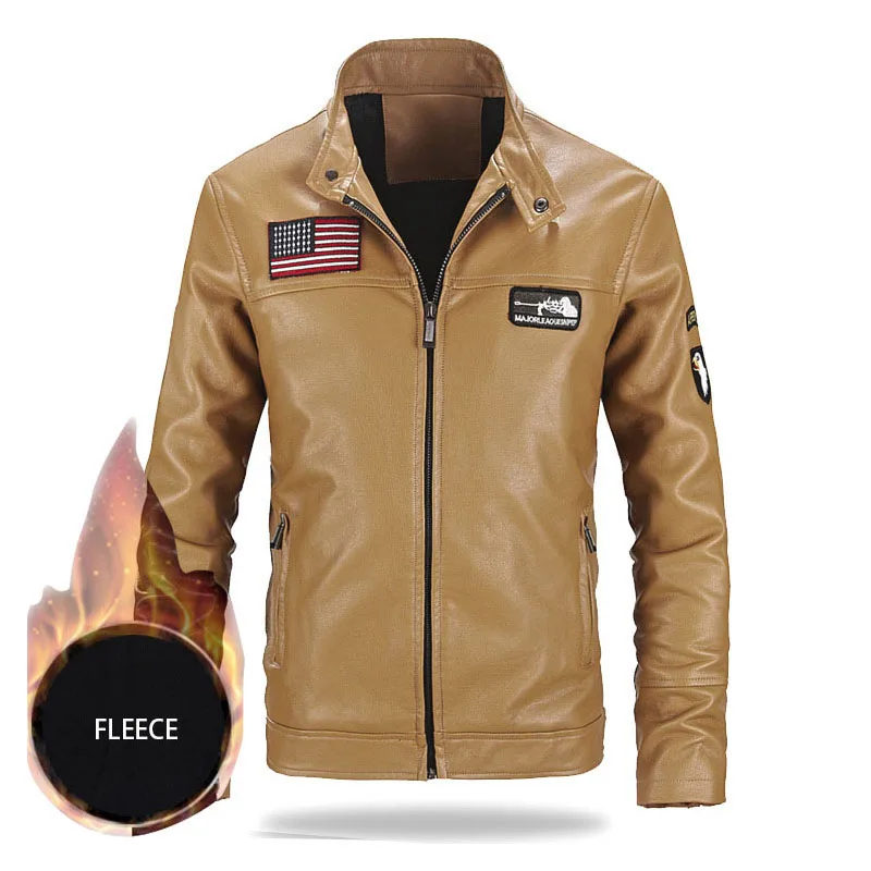 US flag khaki Зимняя Новинка 6XL брендовая мужская флисовая кожаная куртка со стоячим воротником PU Air Force One Pilot кожаные куртки мужские мото куртки пальто BF52 - Цвет: US flag khaki