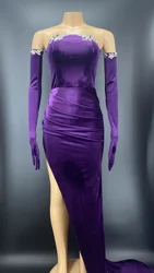 Purple Long Train Gloves Fashion Velvet Evening Celebrate Crystals  Dress Women Prom Outfit Birthday Big Tail Stretch  Costume