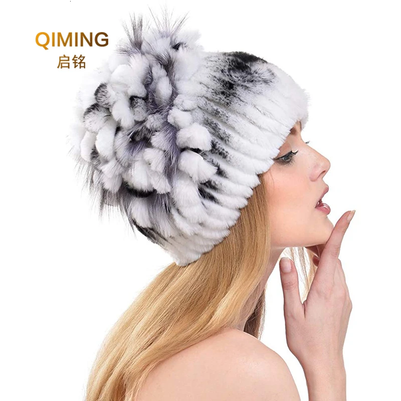 Rabbit's Fur Hats Winter Women Fashion Knitting Pom Hat Women's Really Leather And Keep Warm Cap Beanies | Аксессуары для