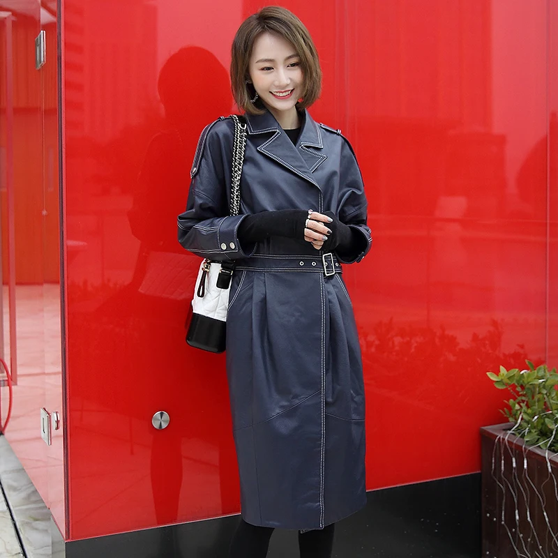 Navy Blue Куртка из натуральной кожи, пальто из овчины, женская одежда, новинка, пальто из натуральной кожи, весеннее пальто, женская ветровка GGS18A012 YY2395 - Цвет: Navy Blue