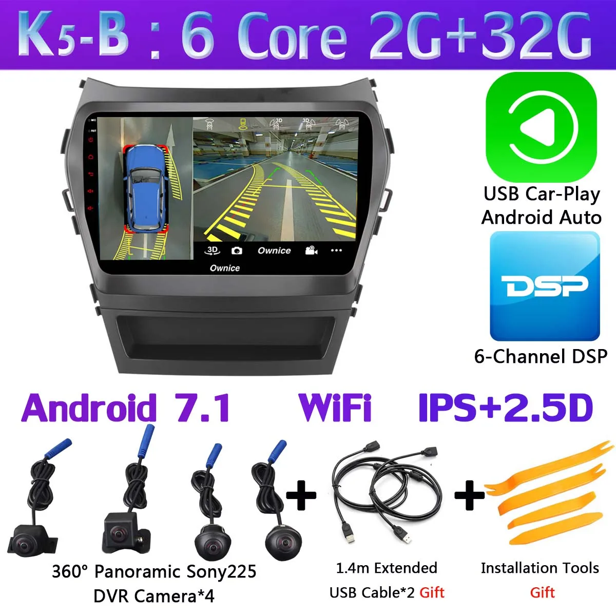 K5-B-CarPlay 360 ° панорамный 4G LTE Android 9,0 4G+ 64G DSP CarPlay Автомобильный мультимедийный плеер для hyundai Santa Fe 3 Grand IX45 2013- gps радио - Цвет: K5-B-CarPlay