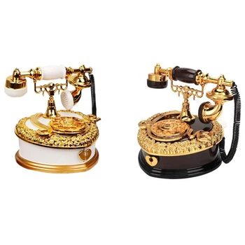 

Retro Heart Shaped Telephone Model Music Box Birthday Gift Home Ornament Decoration Antique Carved Wooden Hand Crank Music Box