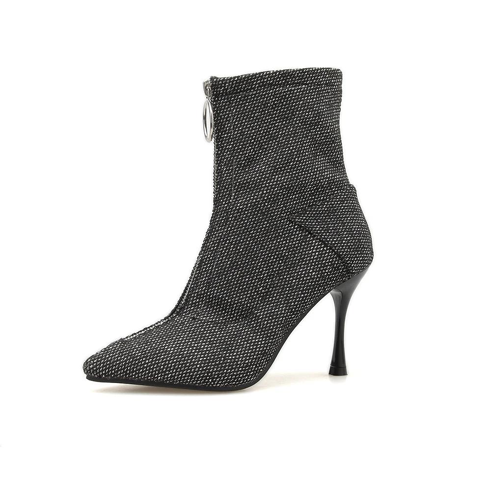 

Women's Fashion Sequins Front Zip Ankle High Heel Boots Sexy Pointed Toe Feminine Boots Slip On Basic Ankle Boots