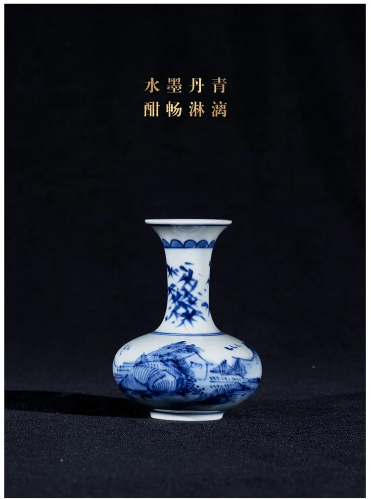 Цзиндэчжэнь ручной работы ручная роспись Маленькая ваза гостиная чайный столик античный синий и белый фарфор мини Цветочная композиция