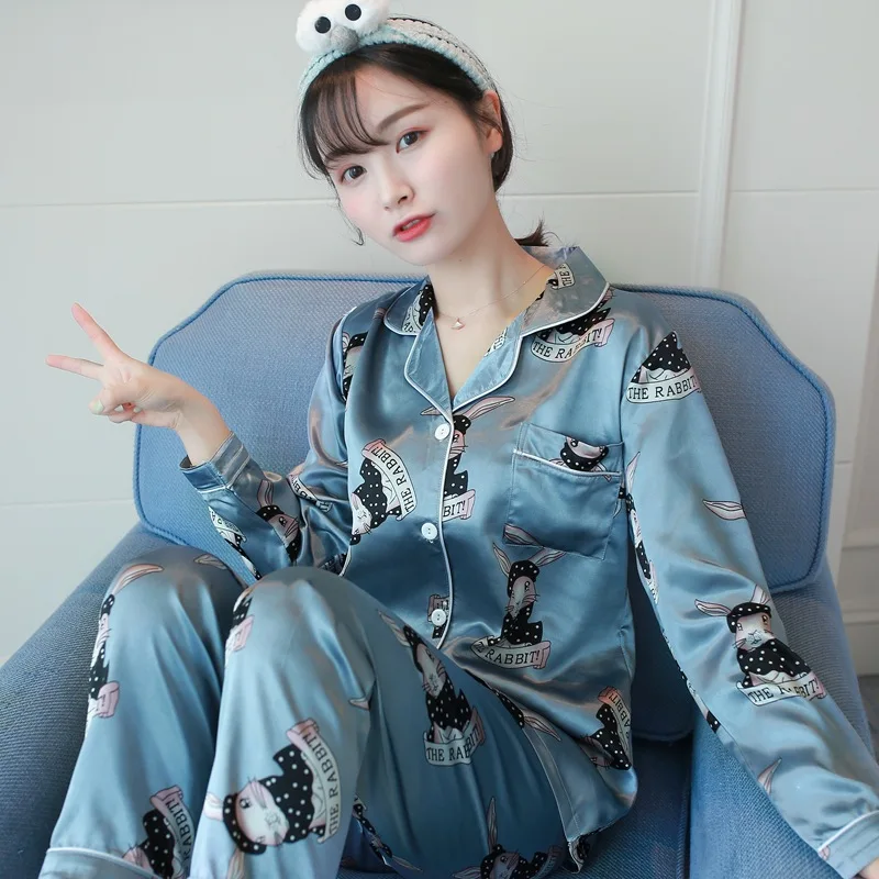

[Jun xin] Autumn Long Sleeve Imitated Silk Fabric Cardigan Pajamas WOMEN'S Suit Tracksuit 721 # M -Xxl