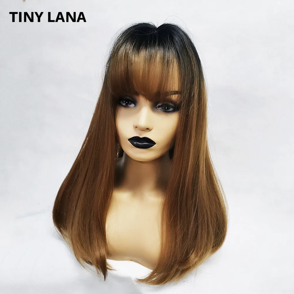 

TINY LANA18" Long Synthetic Wig with Bangs Dark Root Ombre Color Natural Headline Heat Resistant Hair Wigs for Women