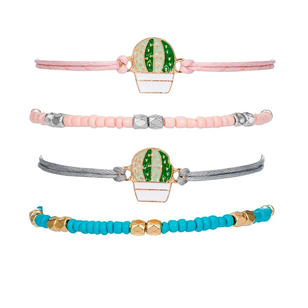 4pcs/set New Cartoon Cute Metal Cactus Rope Chain Charm Bracelet For Women Bohemian Jewelry Statement Beaded Anklet Bangle Gift