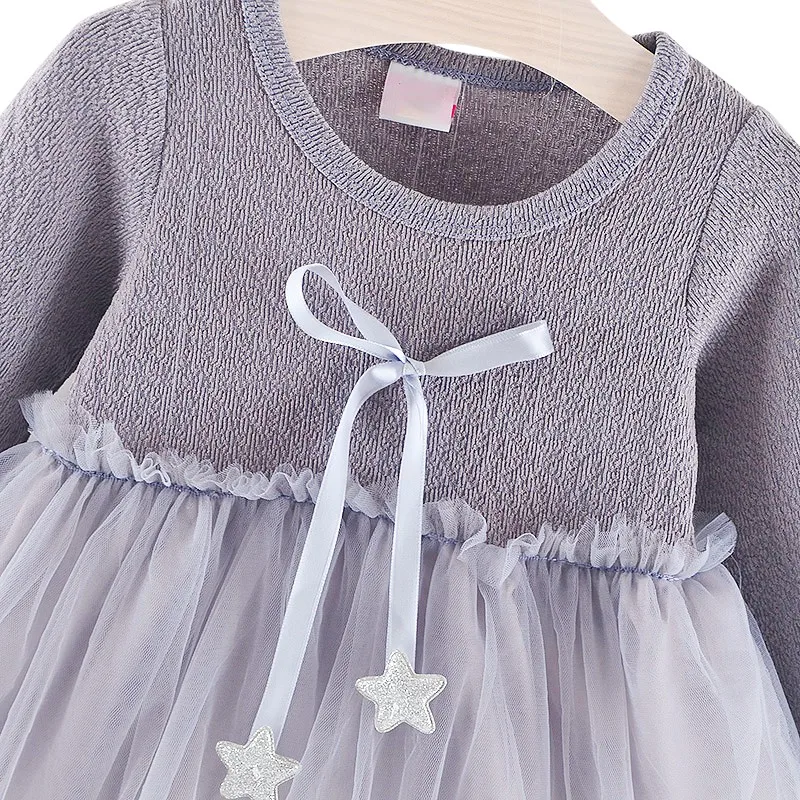 Spring Baby Girls Dress Casual Long Sleeve Mesh Design Dress with Bowknot Costume Children Princess Dresses