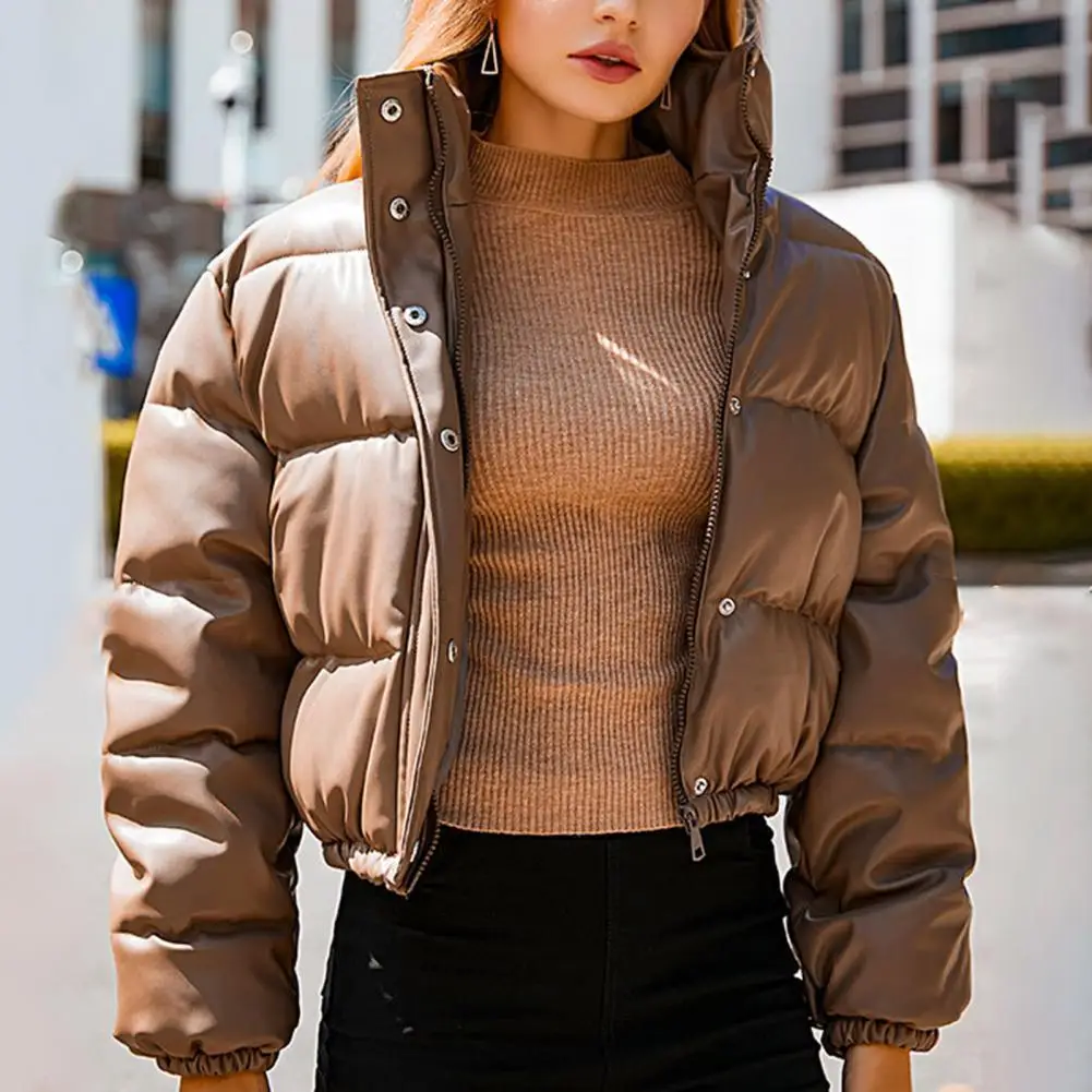 

Женская короткая куртка из искусственной кожи, однотонная теплая короткая куртка с воротником-стойкой для повседневной носки, женское кожаное пальто, Осень-зима