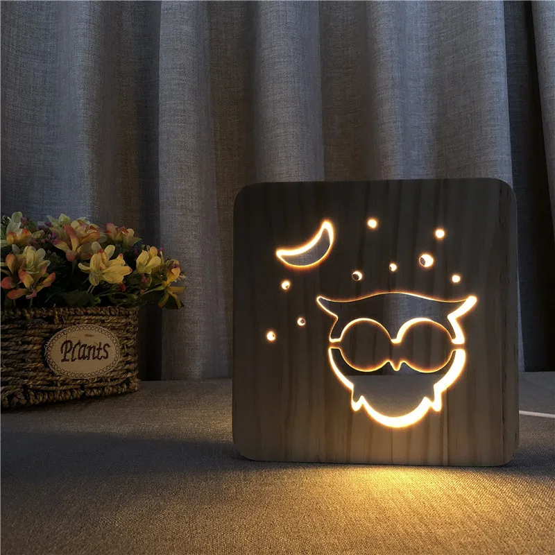 

FS-T1901 Cross Border Owl Animal Lamp Wood 3D Lamp Solid Wood Hollow out Carving Ambience Light