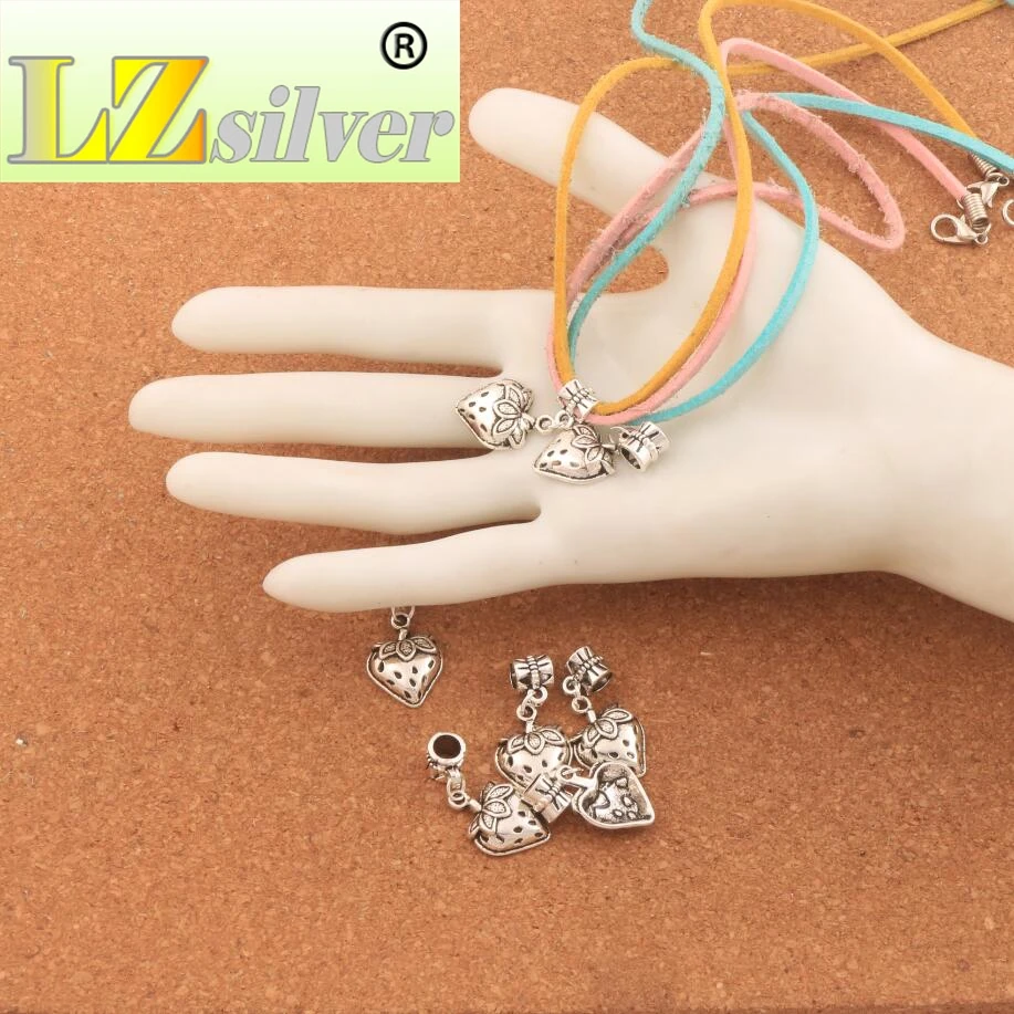 Strawberry With Leaf Big Hole Beads 14.7x30.5mm 100PCS zinc alloy Dangle Fit European Bracelets Jewelry DIY B930