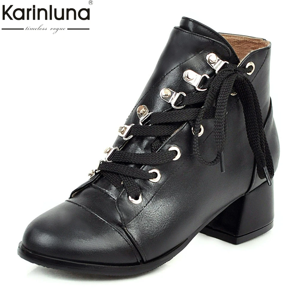 

Women's 2020 big size 44 autumn shoes women boots lace up chunky heels black white casual ankle boots woman shoes