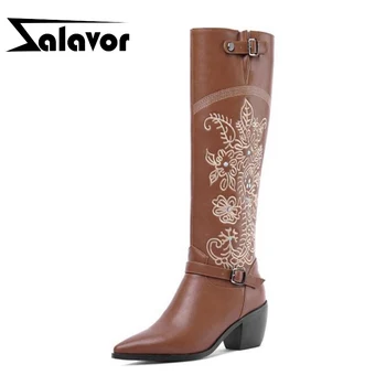 

ZALAVOR Plus Size 34-46 High Quality Knee High Boots Office Ladies Retro Pointed Toe Long Boots Buckle High Heels Shoes Woman