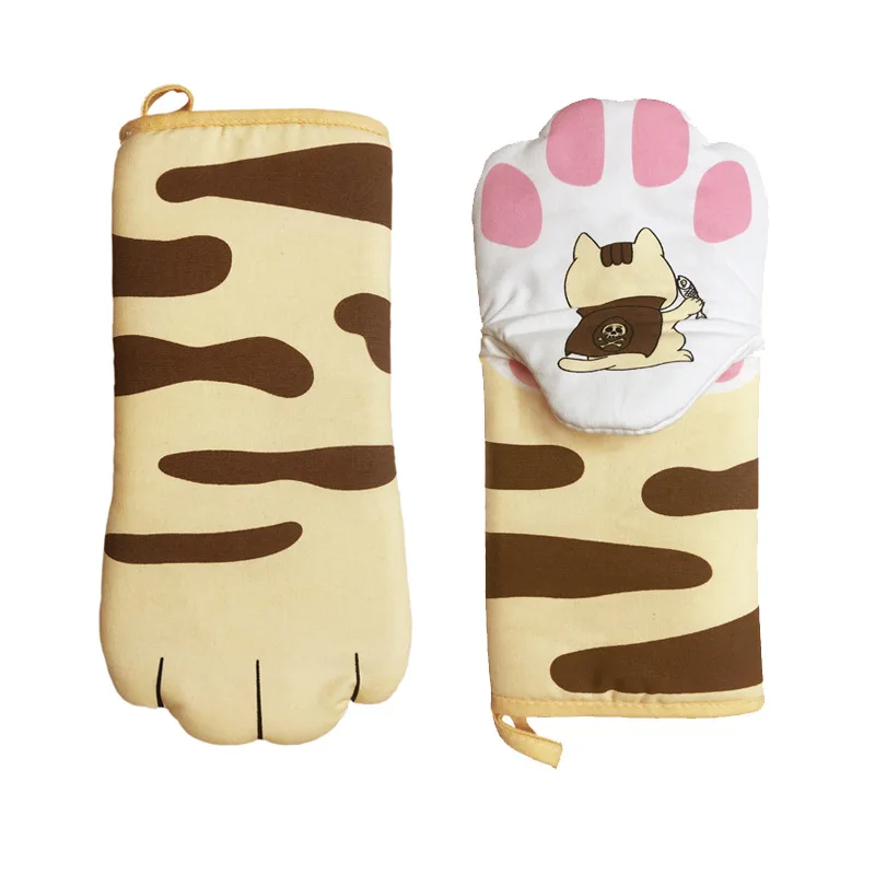 1Pcs 3D Cartoon Animal Cat Paws Oven Mitts Long Cotton Baking Insulation Microwave Heat Resistant Non-slip Gloves