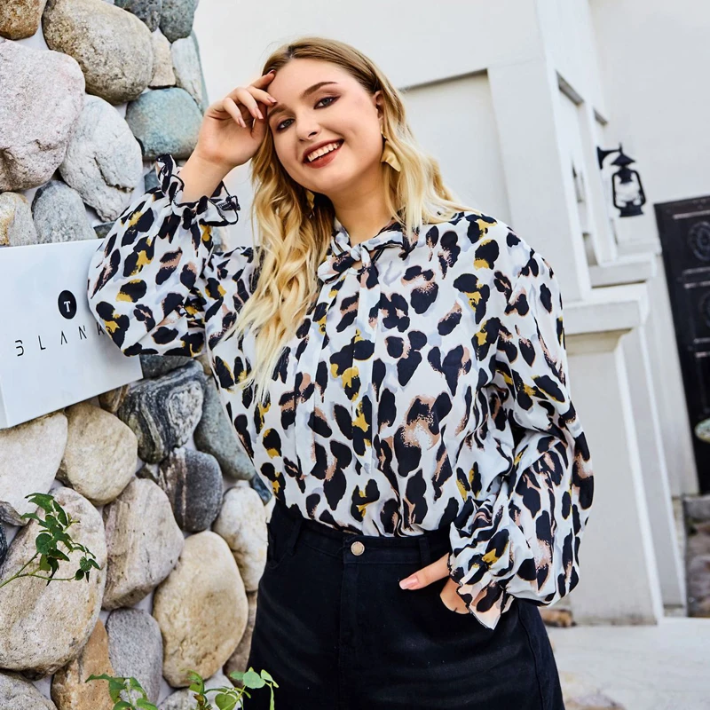 

Large size Women Blouse Autumn Bow Tie Chiffon Shirts elegant Leopard print Woman Blouses 2019 Fashion Plus Size Clothing