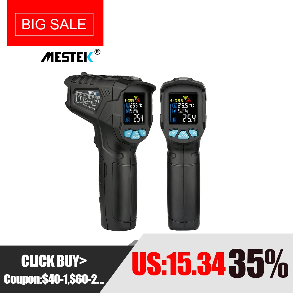 

MESTEK Infrared Thermometer -50~800C Digital Humidity Meter Hygrometer 12 Point Temperature Test Area IR Laser Thermometer