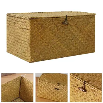 

Handmade Straw Woven Storage Basket With Lid Makeup Organizer Storage Box Seagrass Laundry Baskets Rattan Jewelry Box