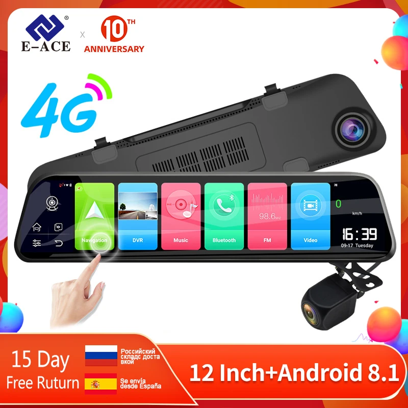 

E-ACE Car Dvr 12 Inch Streaming Rear View Mirror 4G Android GPS Navigation Dash Cam FHD 1080P Auto Registrar Video Recorder