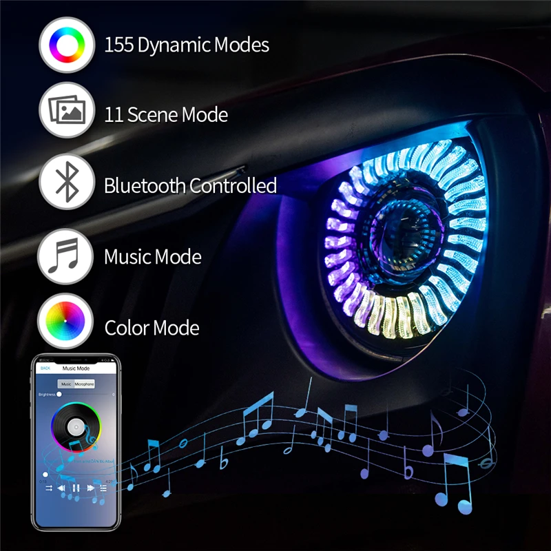  MICTUNING 7 Inch LED Dual Beam Headlight with RGB Flowing Light Halo Angel Eyes DRL Bluetooth Contr - 4000317855333