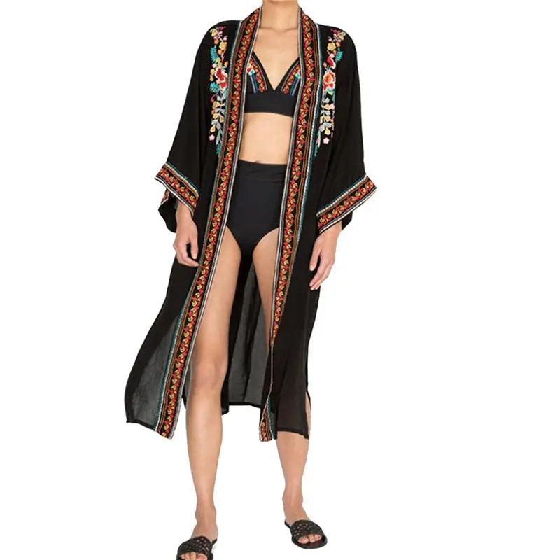 2022 Black Indie Folk Embroidered Plus Size Summer Beach Wear Kimono Cardigan Women Cotton Tops and Blouse Shirts Sarongs  N940