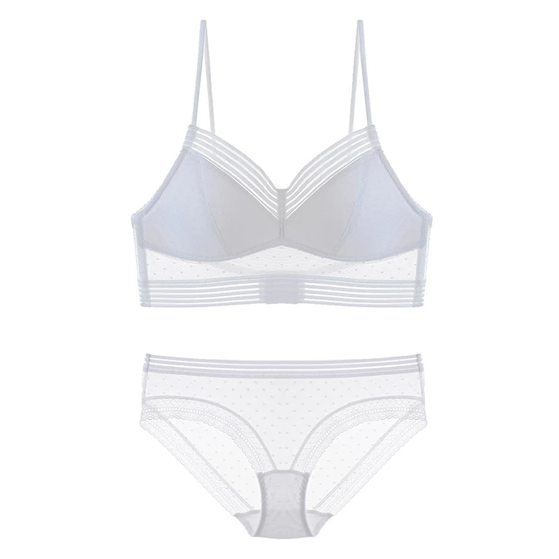 Sexy U Backless Invisible Bra Set Thin Cup Striped Polka Dots Mesh Bra and Panties Set Underwear for Women Lingerie Set