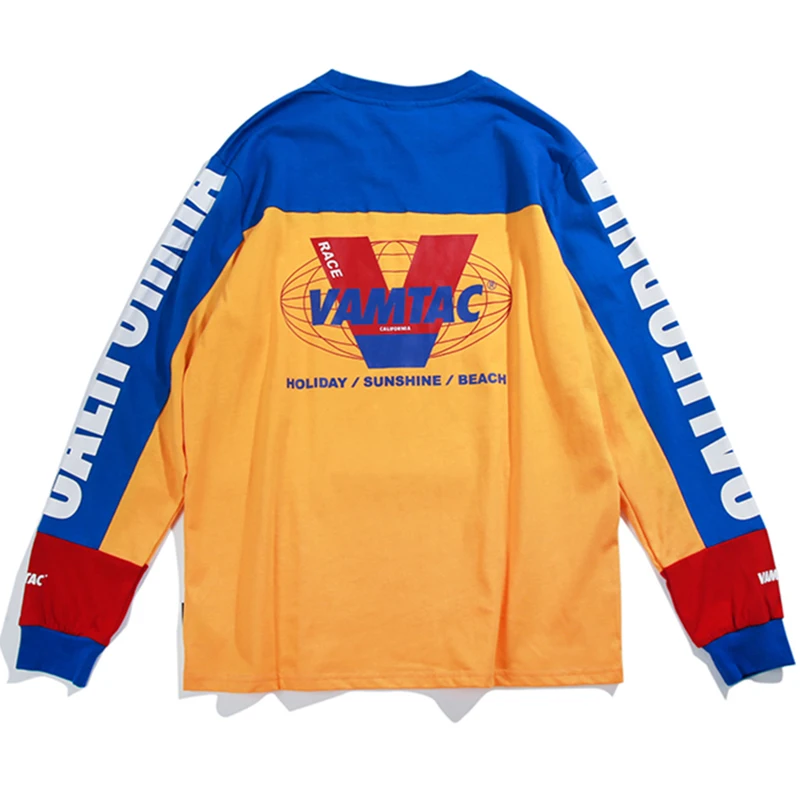 

April MOMO 2019 Long Sleeve T-shirts Men Letter Printed Casual T Shirt Color Block Fashion Harajuku Cotton Hip Hop Tee Shirt