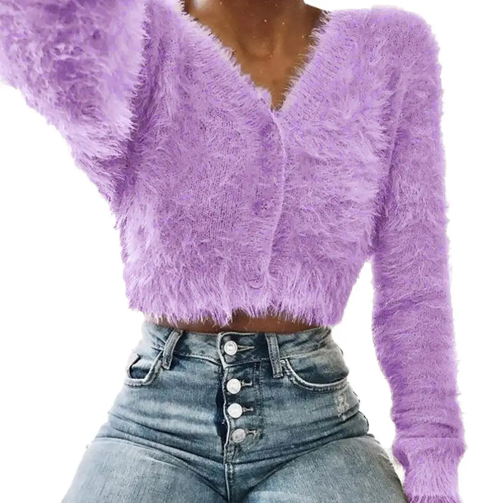 Purple Модный высококачественный Женский модный пушистый Повседневный Кардиган с v-образным вырезом и длинным рукавом, короткий свитер, популярные женские топы Pull Femme - Цвет: Purple