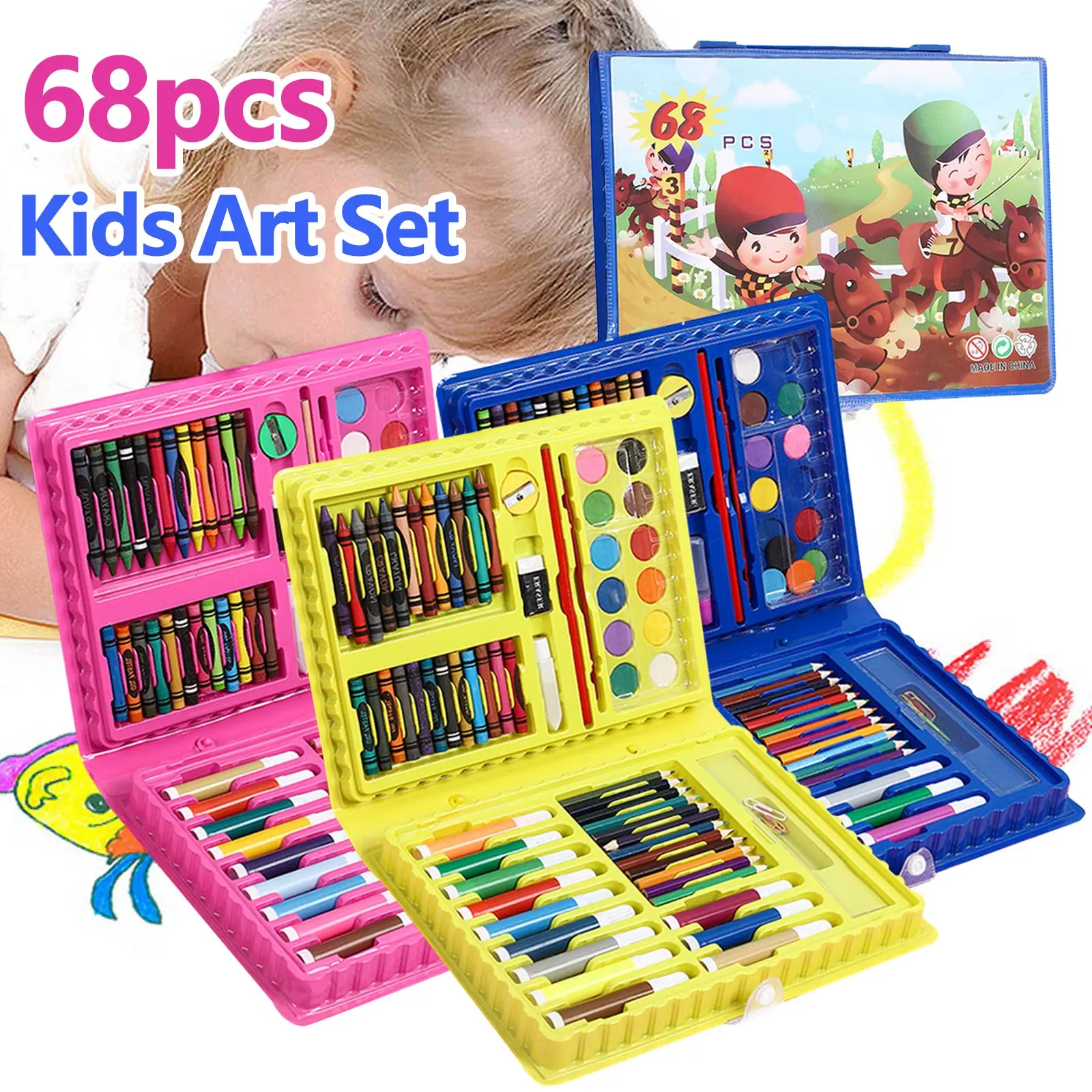 68PCS Kids Painting Drawing Art Set with Crayons Oil Pastels Watercolor Markers Colored Pencil Tools for Toddlers Gift | Канцтовары для