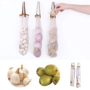 

Mesh Hanging Fruit Vegetable Storage Net Bag Portable Handle Kitchen Multi-function Hollow Breathable Garlic Onion Storage Bags