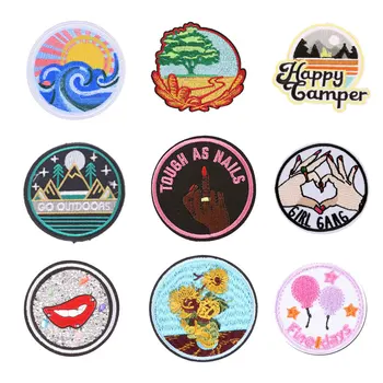 

Landscape Tree Embroidered Patches on Heat Transfer Appliques Tree Patch Clothes Round Badge Sticker for Backpack Printed Stripe