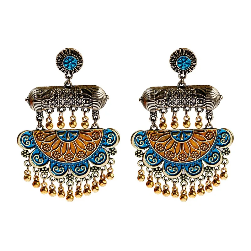 Этнические Ретро Племенные Цветок Индийский Jhumka кисточкой серьги старинные резные, в стиле бохо латунь Висячие серьги вrincos бижутерия