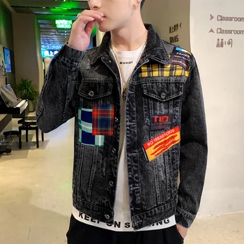 

YASUGUOJI Fashion Men's Badge Patches Painted Black Denim Jacket Streetwear Trendy Beauty Patchwork Long Sleeve Coat Outerwear