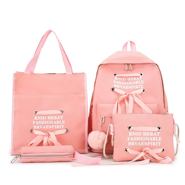 JZYZQBX 4 шт./компл. школьная сумка рюкзак для девочек холщовые школьные сумки ленты бант рюкзаки, школьный рюкзак - Color: 1 school bag